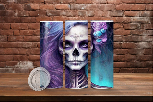 This Scary Beautiful Skeleton Girl Tumbler will show off your Halloween Spirit