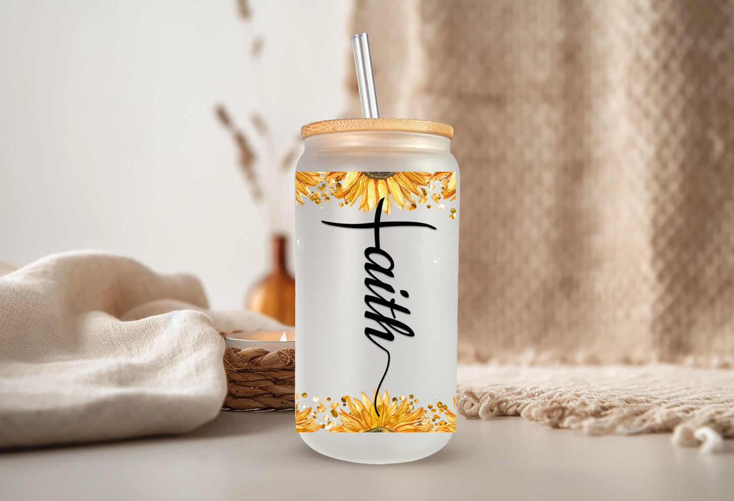 Embrace Your Faith with a Christian-Inspired Libbey-Style Frosted Glass cup with Bamboo Lid and Straw l Perfect for Coffee or Tea