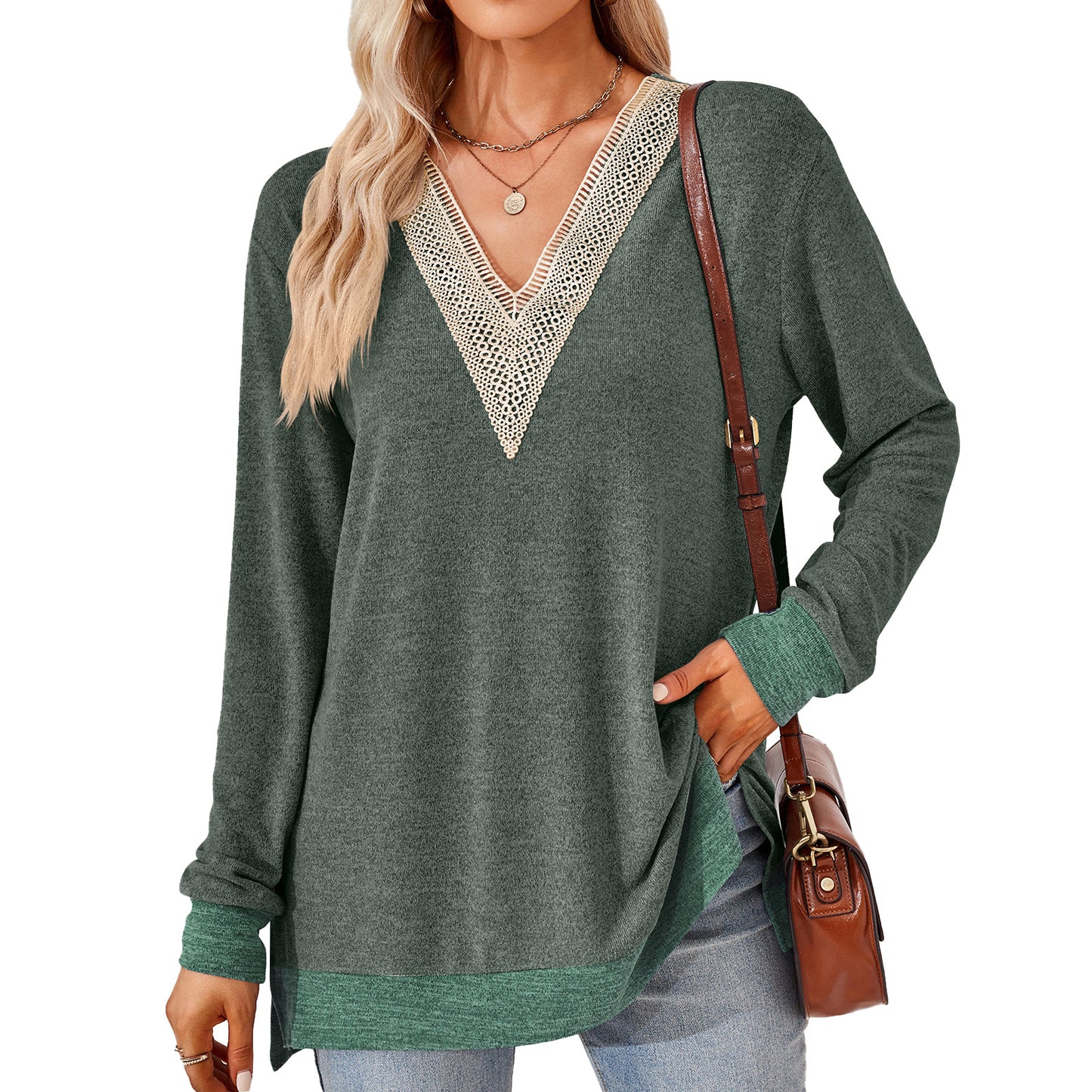 Women's Fashion V-neck Lace Solid Color Loose-fitting T-shirt Top