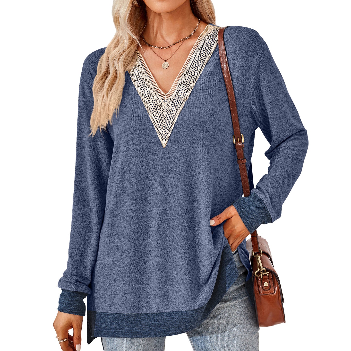 Women's Fashion V-neck Lace Solid Color Loose-fitting T-shirt Top