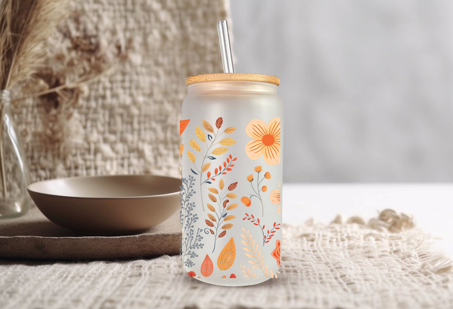 Enjoy your special Fall Beverage in our Fall Flowers designed 16 oz Libbey Style Frosted Glass with Bamboo Lid and straw