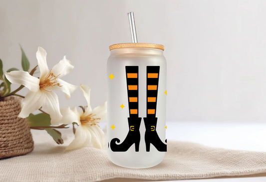 Raise a Halloween Toast with Our" Witchy Feet" 16 oz Frosted Beer Can Glass! :Libbey Style: Bamboo Lid and Straw included