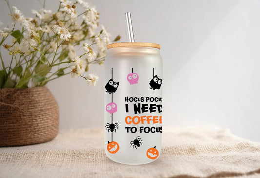 Raise a Spooky Toast with our "Hocus Pocus I need Coffee to Focus" 16 oz Frosted Beer Can Glass! l Libbey Style l Bamboo Lid and Straw included