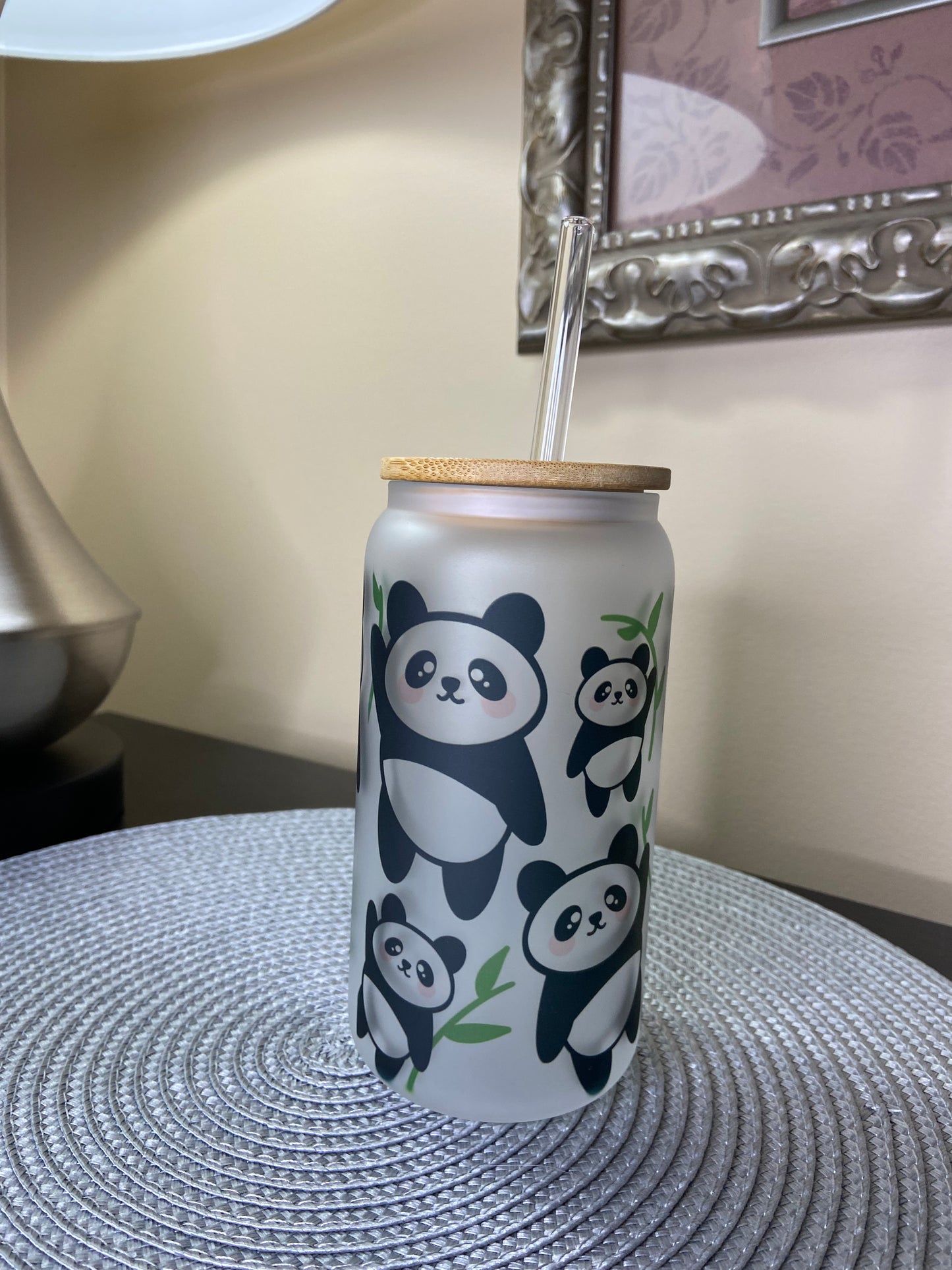 Playful Pandas Libbey style frosted drink cup with bamboo lid and straw