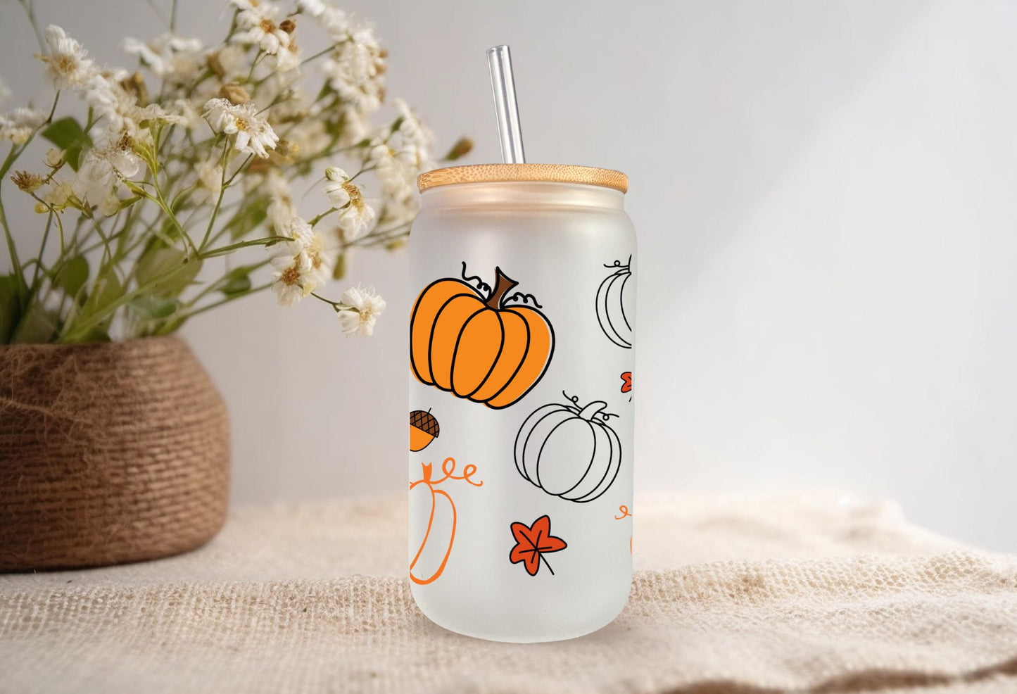 Enjoy your Favorite Pumpkin Spice Drink in Our "Pumpkin" design 16 oz frosted beer can Glass l Libbey Style l Bamboo Lid and Straw included