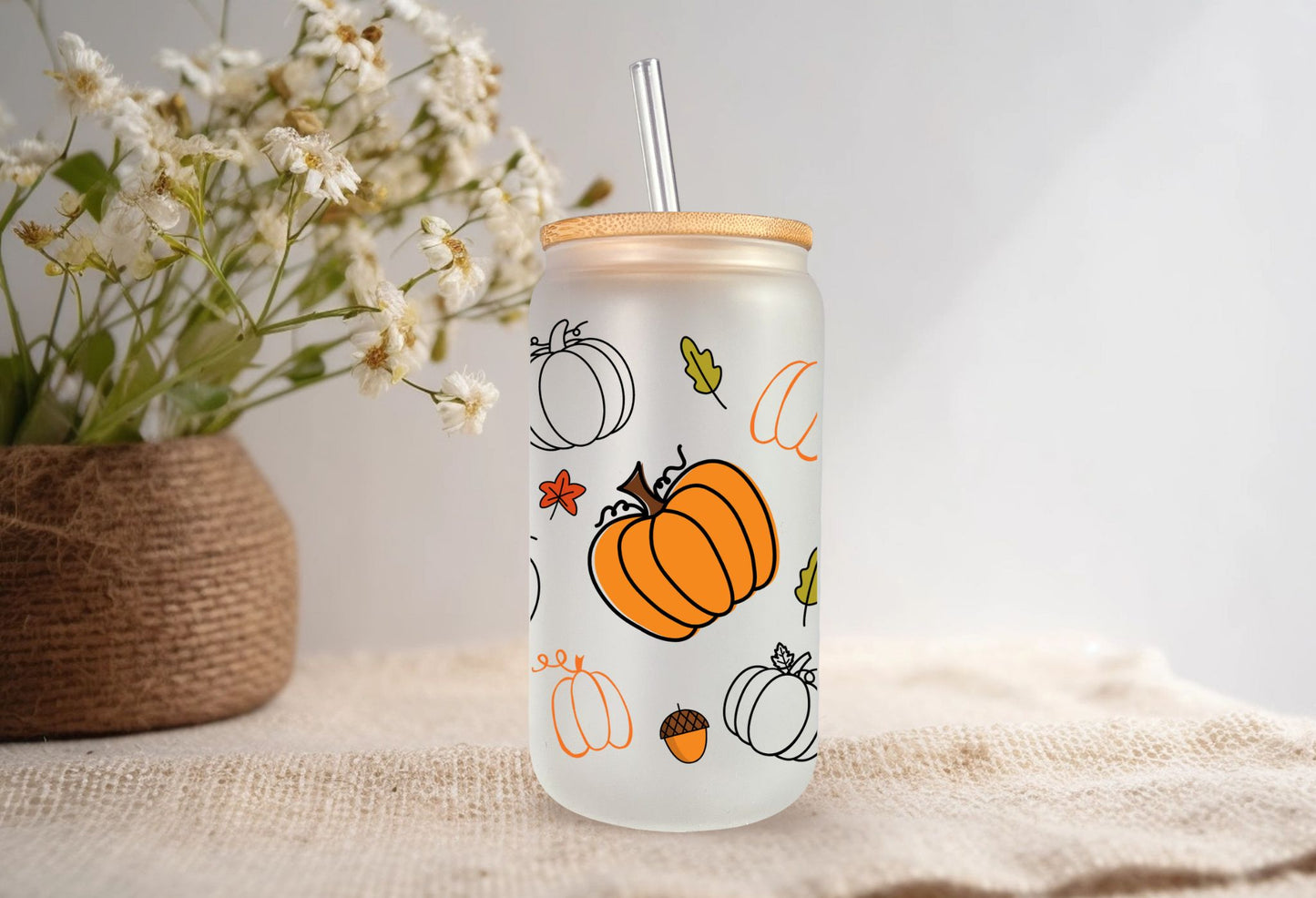 Enjoy your Favorite Pumpkin Spice Drink in Our "Pumpkin" design 16 oz frosted beer can Glass l Libbey Style l Bamboo Lid and Straw included