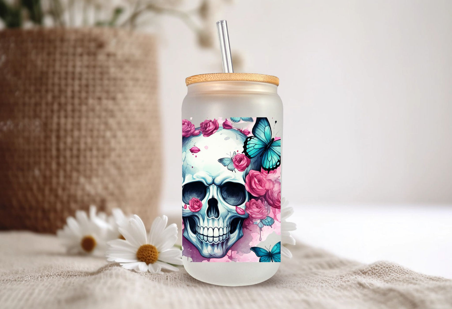 Enjoy your favorite beverage in our Pretty Skeleton 16 oz Libbey Style Glass Cup with Bamboo lid and straw