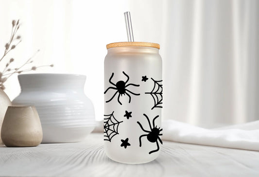Raise a Spooky Toast with Our "Halloween Spiders" 16 oz Frosted Beer Can Glass! l Libbey Style l Bamboo Lid and Straw included