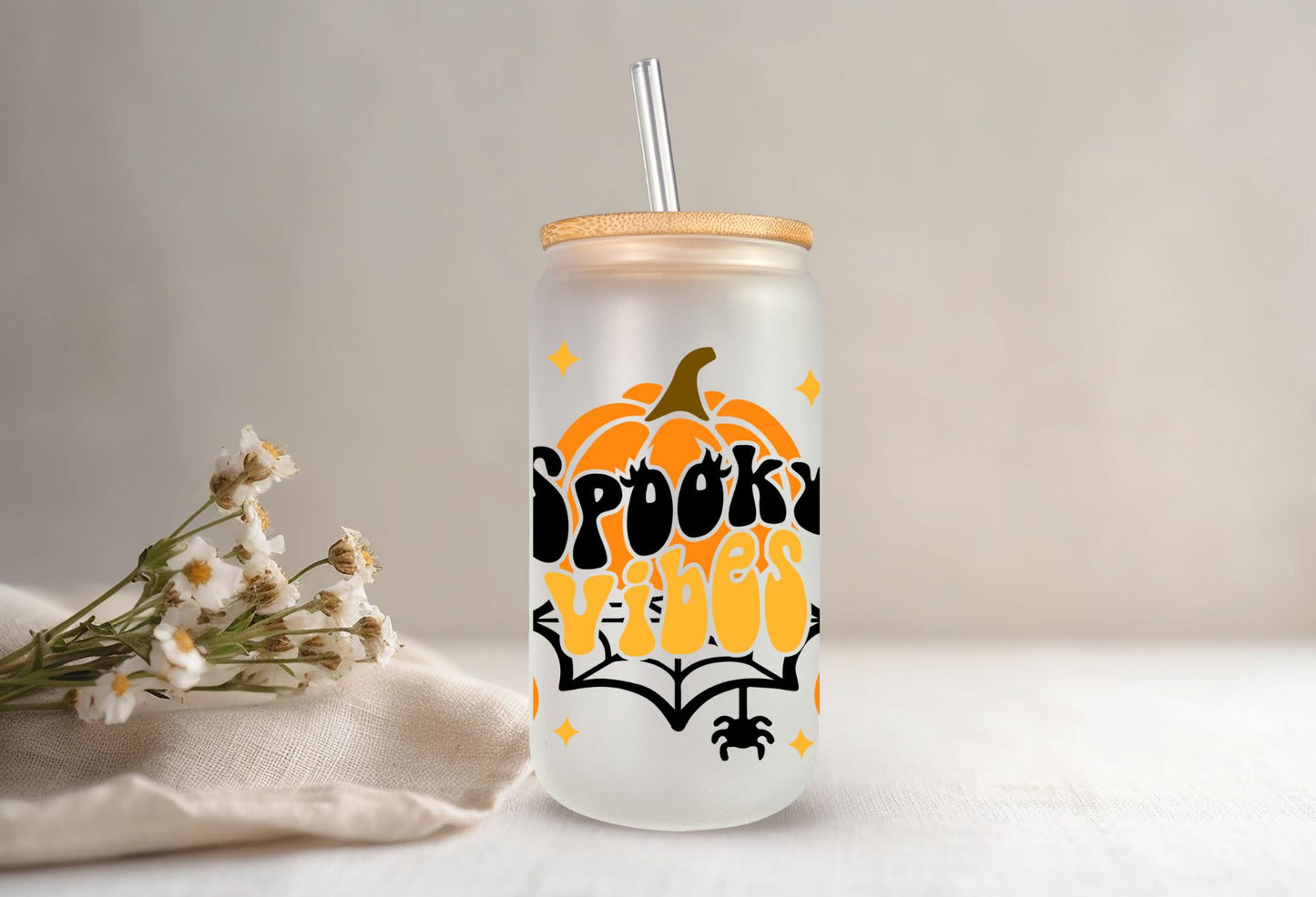 Celebrate this Halloween with Our "Spooky VIbes" 16 oz Frosted Beer Can Glass! l Libbey Style l Bamboo Lid and straw included