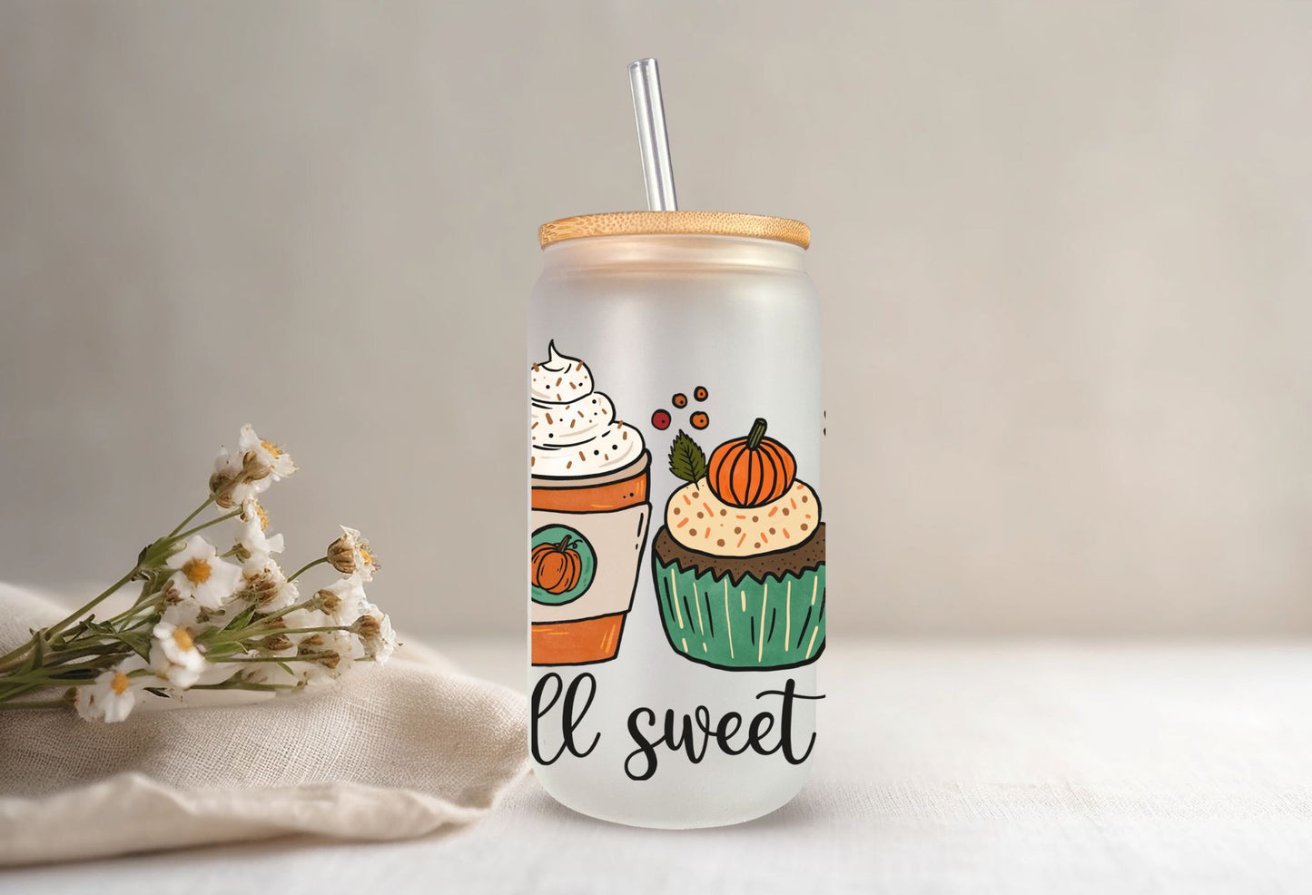 Enjoy your Pumpkin Spice in this 'Fall Sweet Fall" 16 oz Frosted Libbey Style Glass with Bamboo lid and straw