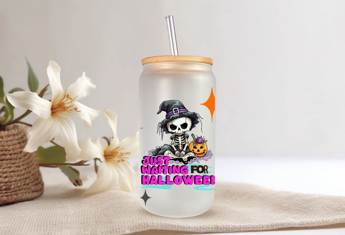 Wait for Halloween with our Waiting Skeleton 16 oz  Frosted Beer Can Glass! l Libbey Style l Bamboo Lid and Straw included