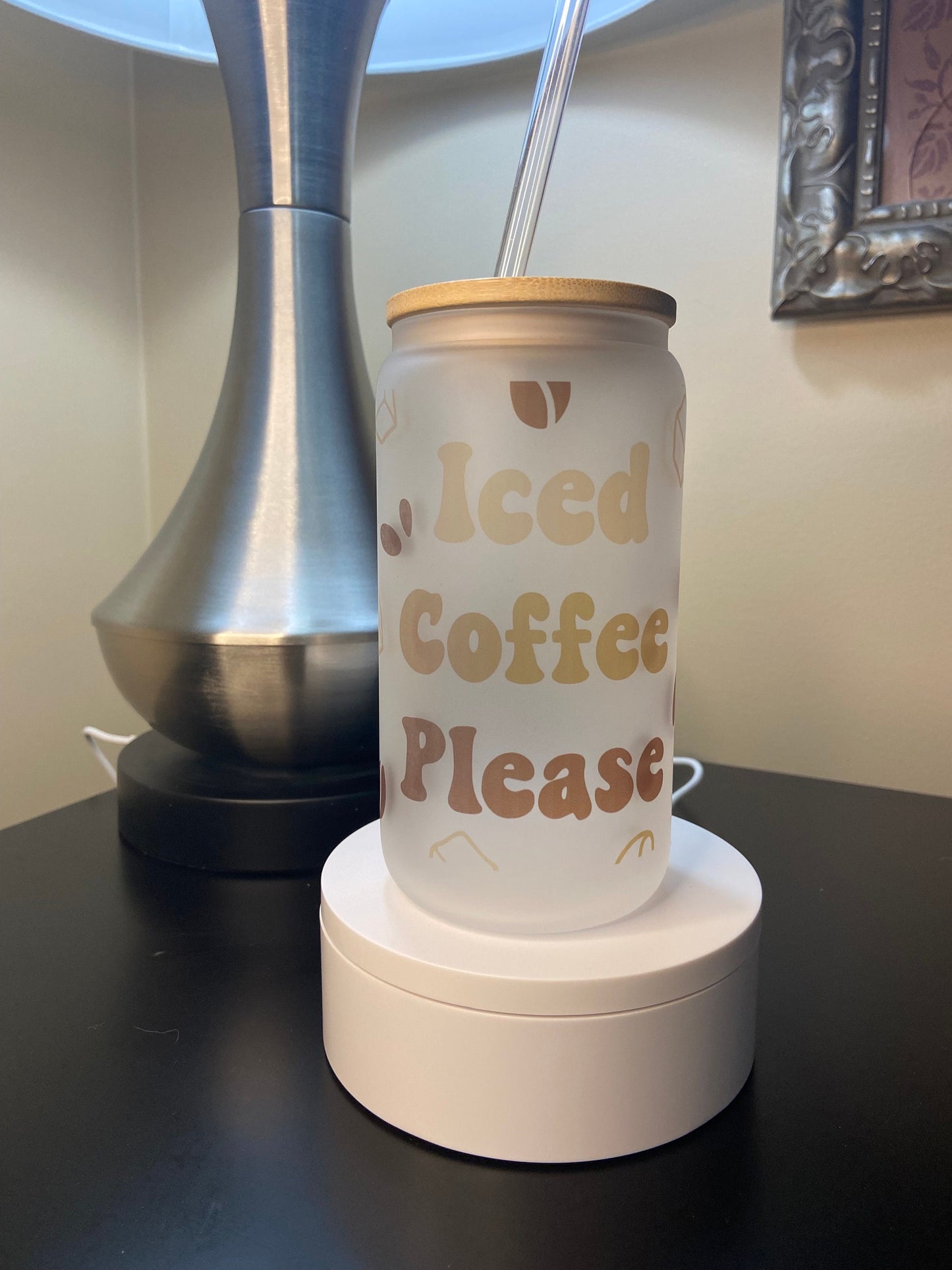 "Ice Coffee Please" Frosted Glass 16 oz Libbey style drink cup- Featuring bamboo lid and straw-The Sunshine Shoppe