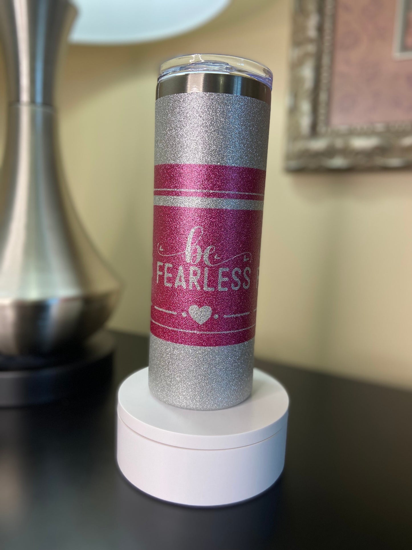 Glitter Be Fearless Pink drink cup, fun Sparkle Hot/cold Tumbler , 20 oz glitter tumbler, Perfect gift for the Sparkle lover