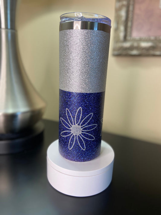 Glitter Purple Daisey drink cup, fun Sparkle Hot/cold Tumbler , 20 oz glitter tumbler, Perfect gift for the Sparkle lover